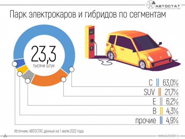 Структура парка электрокаров и гибридов в России по сегментам